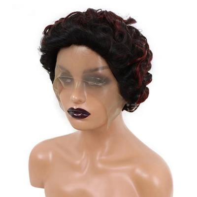 China Pure Original Natural Hair Wanda Pixie Cut Wig Short Curly Human Hair Wigs Cheap 13X1 Transparent Lace P1B 99J Pixie Lace Front Wig For Women for sale