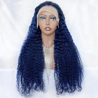 China Factory Pure Original Natural Virgin Human Hair Colored Human Hair Wigs Lace Front Dark Blue Curly Wave Lace Wig for sale