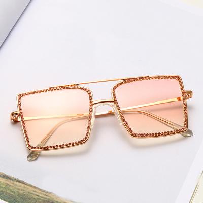 China Luxury Square Sunglasses SKYWAY Fashion Diamond Metal Frame Rhinestone Shades Double Bridge Color Oversized Lens Women Trendy Sunglasses for sale