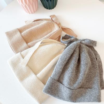 China Bow Beanie Long Cuff Beanie Ladies Beanie Hat Knit Rabbit Fur Dobby for sale