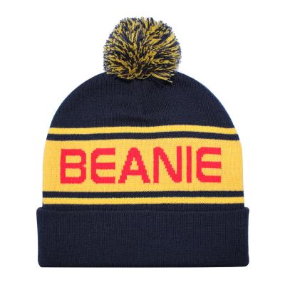 China Custom Embroidery Beanie Jacquard Pom Beanies With Designer Dobby Beanies Knit Jacquard Pom Hat for sale