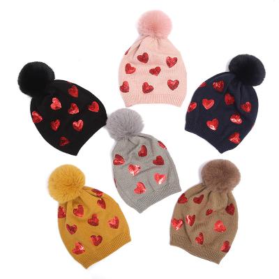 China JOINT Sequin Heart Embellished Pom Hat Girls Pink Pompom Hat for sale