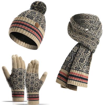 China Dobby Women Winter 3 Piece Beanie Hat Long Scarf Gloves Set Knit Jacquard Pom Beanie Scarf And Gloves for sale