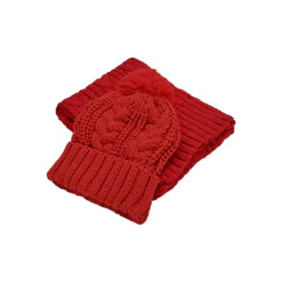 China Cozy Dobby Women's Pompom Hat Scarf Set Custom Red Knit Cable Pom Beanie Hat Scarf for sale