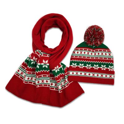 China Cold Weather Adults Dobby Snowflake Beanie Hat Pompom and Scarf Set Christmas Knitted Winter Set for sale