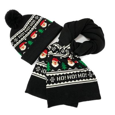 China Dobby Christmas Hat and Scarf Set Knit Jacquard Pompom Beanie Hat Long Scarf for sale