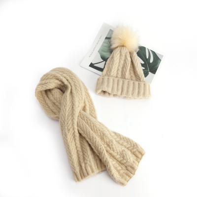 China Dobby Faux Fur Pom Pom Hat and Scarf Set Cute Winter Cable Slouchy Hat with Pompom and Scarf Set for sale