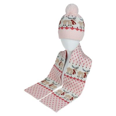 China Kids Reindeer Jacquard Pom Pom Hat And Scarf Winter Medium Set for sale