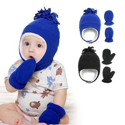 China Medium Unisex Winter Baby Warm Set Fleece Knit Solid Color Earflap Hat And Mitten for sale