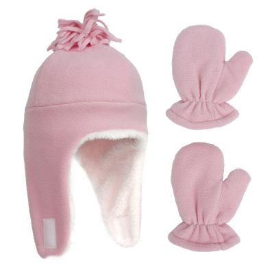 China Girl Winter Fleece Earflap Hat And Mitten Kids Winter Set Medium Pink Hat And Mittens for sale