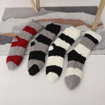 China Sherpa Knocks Women's Anti-Slip Rubber Stripe Knocks Diamond Cable Knit Fleece-Lined Winter Slipper Socks for sale