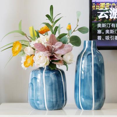 China Creative handmade home decoration of traditional blue hand-painted striped ceramic vase open vase for sale