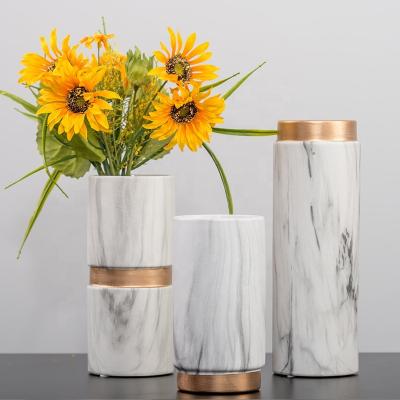 China Minimalist Nordic Ceramic Vase Tabletop Decor Living Room White Marbling Gold Flower Vase for sale