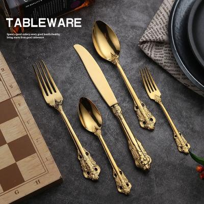 China Spoon Sustainable Golden Retro Fork Set Western Style Dinnerware 304 Stainless Steel Cutlery for sale