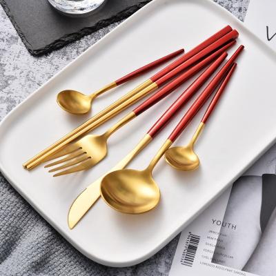 China Sustainable Red Gold Cutlery Set Forks Knives Spoons 304 Stainless Steel Chopsticks Dinnerware Set for sale