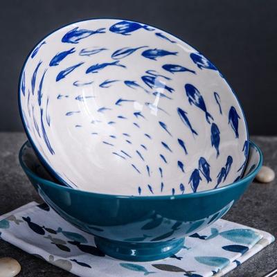 China Large And White Sustainable Pattern High Quality Household Blue Fish Soup Porcelain Bowl for sale