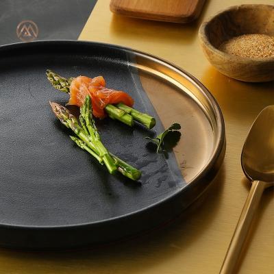 China Sustainable Classic Ceramic Black Steak Dish With Gold Rim Edge Stoneware Salad Noodle Dish for sale