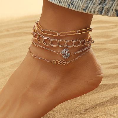 China Vintage Crown Love Letter Stainless Steel Ankle Bracelet Foot Jewelry Anklet Chain 4 Pcs Set Multilayer Anklets For Women for sale