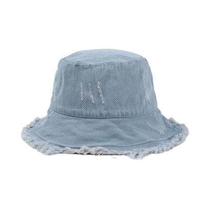 China Character vintage ripped denim bucket hat unisex spring summer fringed washed outdoor plain hats for women for sale