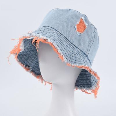 China Wholesale Character Fringed Brim Cleared Worn Design Mens Womens Summer Sun Shade Hat Denim Cool Bucket Hat for sale