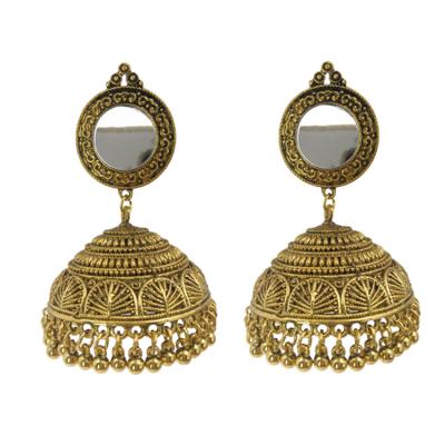 China 2021 Ethnic Jewelry Collection Silver&Gold Plating Indian Jhumki Jhumka Design Chandelier Big Bell Earring Mirror Dangle Earrings for sale