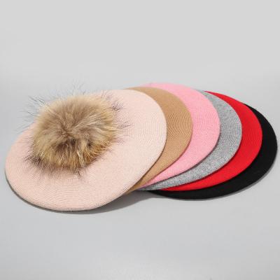 China Winter Casual High Quality Plain Dyed Custom Logo Beanie Hat Beret Hat For Women With Fur Pom Pom Hat for sale