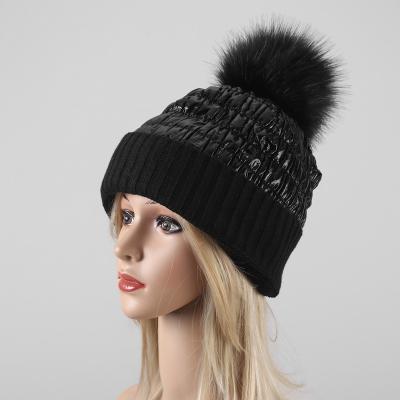 China Women Beanie Real Fur Pom Pom Stretchy Slouchy COMMON Hat Female Pompom Winter Stocking Warm Hat for sale