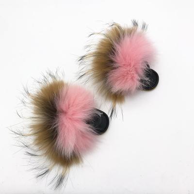 China Fashion trend furry slides colorful unique raccoon fur the next new slides women's fur sandals wholesale fur slides for sale