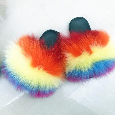 China Real Fur Slides Lightweight Raccoon Fox Slides Fuzzy Sandals Furry Slides Kids Fur Slippers for sale