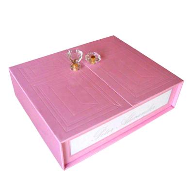 China Recyclable Open Pink Custom Cardboard Paper Gift Box Double Door With Crystal Handle For Wig Hair Extension for sale