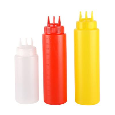 China 3 Holes Nozzles Mayonnaise Plastic Squeeze Bottles 350ml Empty Ketchup Sauce Container for sale