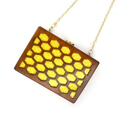 China New Clutch Style Fashion Hollowed Out Wooden Clutch Bag With Aluminum Gold Foil for sale