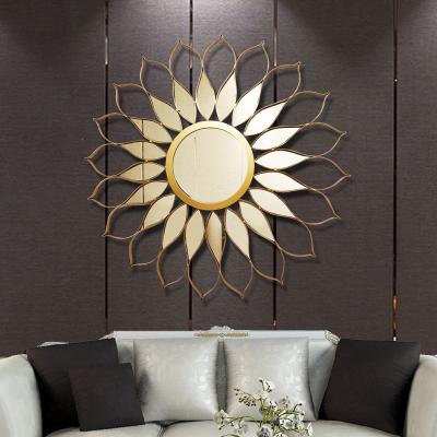 China Novelty Golden Mirror Round Sunflower Handmade Design Decorative Wall Mirror for Hotel Home Decoration for sale