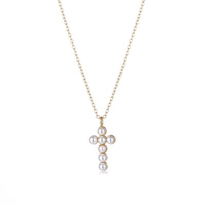 China TRENDY Angelia Plata 925 Minimalist Pendant Women Layer Necklaces Pearl Jewelry Dainty 18K Gold Sterling Silver Cross Necklace for sale