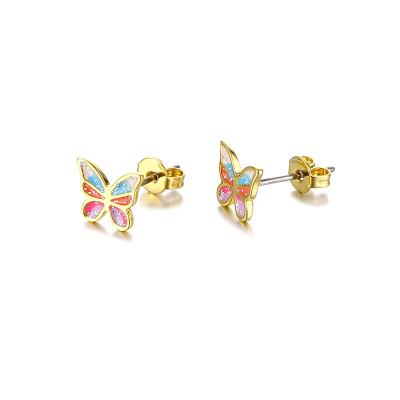 China Cute Modalen Minimalist Fine Jewelry Resin 18 K Gold Cute For Girls Ear Piercing ColorFul Butterfly Studs Enamel Earrings for sale