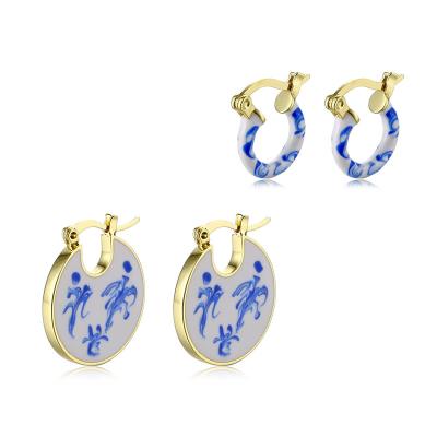 China Cute Chic Earrings Vintage Quality 2022 blue and white porcelain style Enamel 925 Sterling Sliver Enamel Hoop Earrings for sale