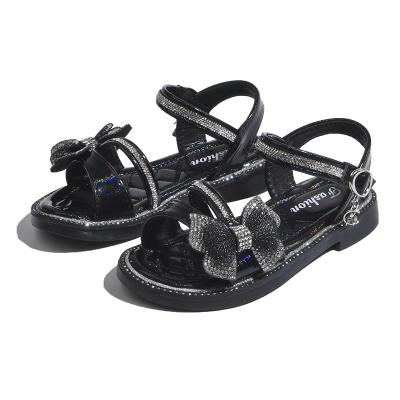 China Cute Shining Princess Girls Sandals Bow Mesh Design Breathable Crystal Slide Sandals for sale