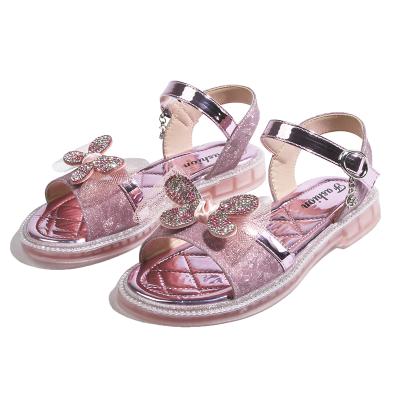 China Fashion Princess Sandals Butterfly Rhinestone Breathable Shoes Glitter Kids Girls Flat Sandals for sale