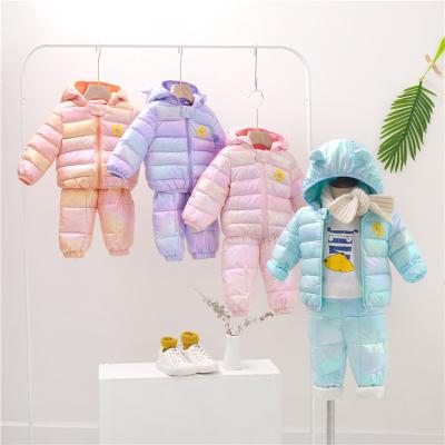 China Korean 100% cotton boys' and girls' winter jacket breathable cartoon wholesale clothing down coat pants set for sale