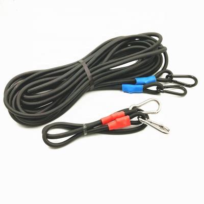 China The exterior is polyester; inside is 100% UV resistant latex wholesale polyester webbing bungee cord with Carabiner snap hooks for sale