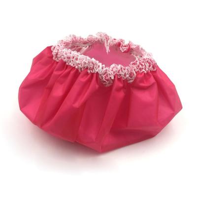 China Pretty Sustainable Red Reusable Luxury Satin Trimmed Waterproof Lace Shower Cap for sale