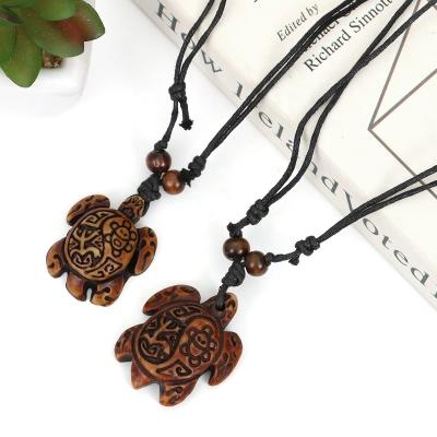 China Vintage Turtle Wax Rope Acrylic Engraved Leather Necklace Handmade Handmade Resin Pendant Necklace for Women Men Unisex for sale