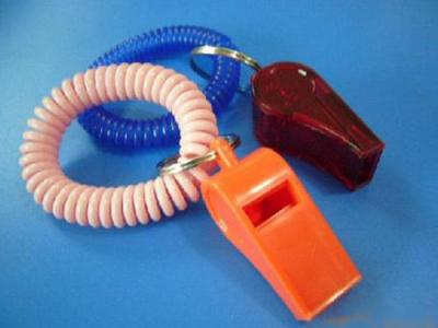 China Promotional Plastic Whistle in Red Color w/Wrist Coil Band for sale