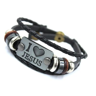 China Hot Selling Jesus Brand Men's Genuine Leather Men's Antique Ways Restoration Bangle Bracelets Steel and Women's Leather Bracelet Leather for sale