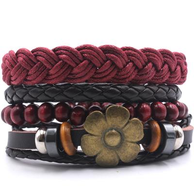 China Burgundy Single Rope Bronzed Flower Combination Leather Multiple Bracelet For Man for sale