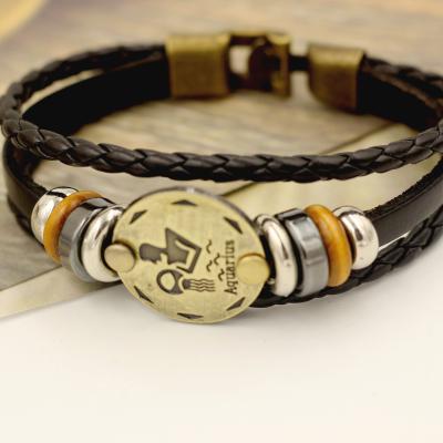 China Antique Restoration Ways 6 Mm Length 21 Cm Black Leather Hand Woven Wax Rope 12 Constellatio Student Boy Bracelet for sale