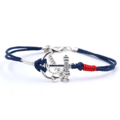 China Classic Small Wax Sketchy Blue Rope 17cm Handwoven Side Is Red Side Is White Anchor Rope Bracelet For Men for sale