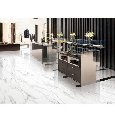 China Wear Resistant Carrara White Full Body Marble Effect Polished Porcelain Glazed Floor Tiles for sale