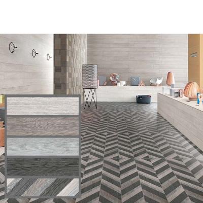 China Rustic Slabs Glazed Rustic Wood Grain Black Gray White Brown Herringbone Strip Ceramic Parquet Floor Tiles for sale