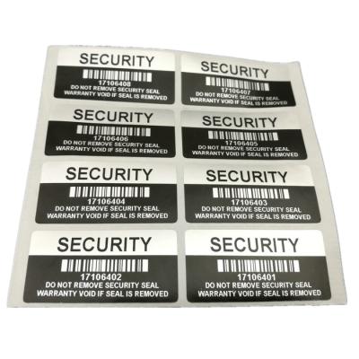 China Silver Heat Sensitive Security Tag Removal Void Tamper Clear Seal Sticker with Serial Number and Barcode Label for sale